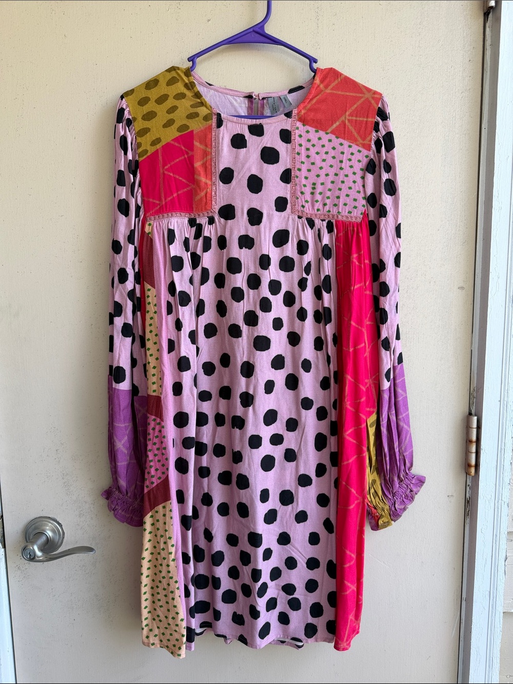 Anthropologie Blank London S Patchwork Polka Dot Long-Sleeve Casual Dress - Pink